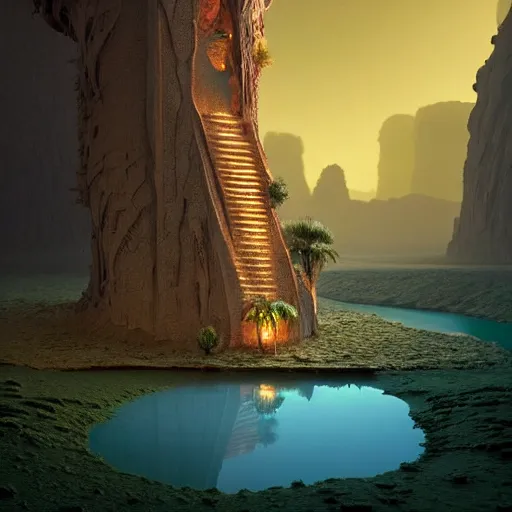 Image similar to monolith in a desert lush vegetation, warm tones, night, water reflection, bioluminescent translucent : : by michal karcz, daniel merriam, victo ngai and guillermo del toro : : ornate, dynamic, particulate, intricate, elegant, highly detailed, centered, artstation, smooth, sharp focus, octane render, 3 d