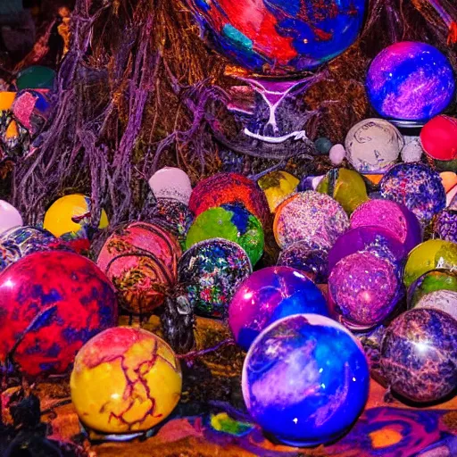 Prompt: multiple colorful globes full of twigs swirling around a hellscape, crystals illuminating the night sky