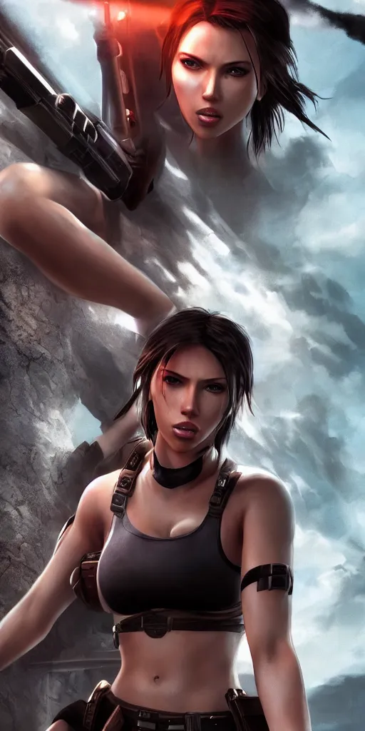 Prompt: Scarlet Johansson as Lara Croft, ambient lighting, 4k, anime key visual, Ross Tran