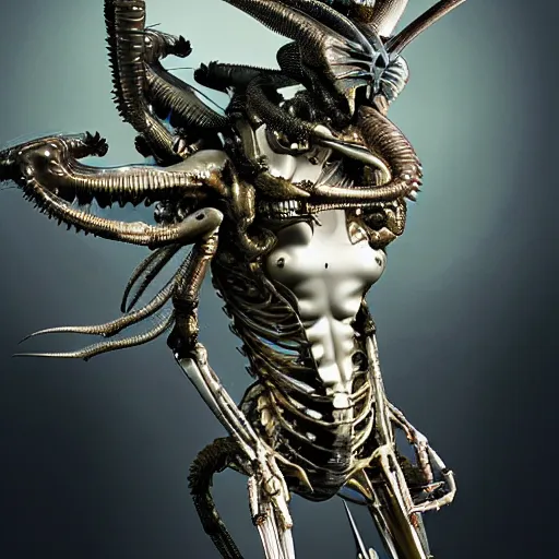 Image similar to still frame from Prometheus movie by Makoto Aida, flying biomechanical angel gynoid by giger, mimicking devil's dragon flower mantis, metal couture by neri oxmn and Guo pei, flying angel editorial by Malczewski and by Caravaggio