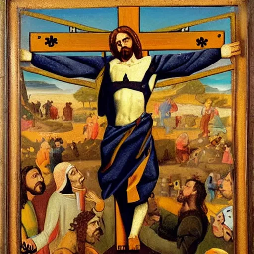 Image similar to tony the tiger crucified along with captain crunch on the cross next to Jesus Christ, oil painting by Juan de Flandes