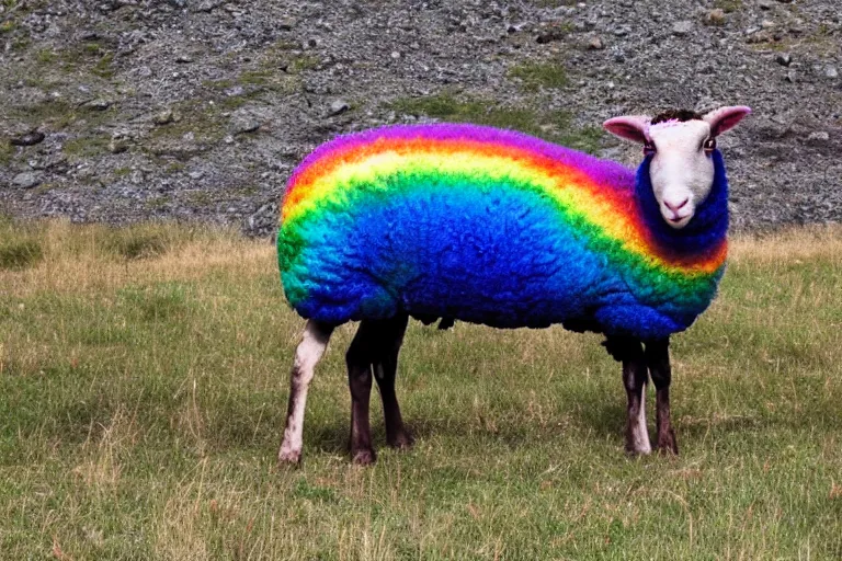 Prompt: a photo of a rainbow sheep