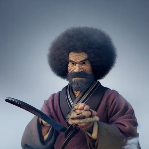 Image similar to an ultra detailed matte painting of bob ross smoking a pipe and dressed as a wandering samurai, edo japan, concept art by jeong seon and greg rutkowski, octane render, 8 k, detailed face