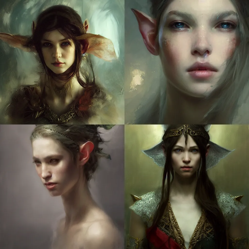 Prompt: portrait of a beautiful young Elf, hyperrealistic, dramatic lighting, extremely detailed, sharp focus, intricate ornamentation, Ruan Jia, Sargent, WLOP