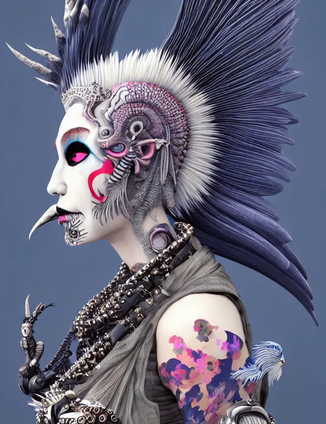 Image similar to 3 d goddess close - up profile portrait punk with mohawk with ram skull. beautiful intricately detailed japanese crow kitsune mask and clasical japanese kimono. betta fish, jellyfish phoenix, bio luminescent, plasma, ice, water, wind, creature, artwork by tooth wu and wlop and beeple and greg rutkowski