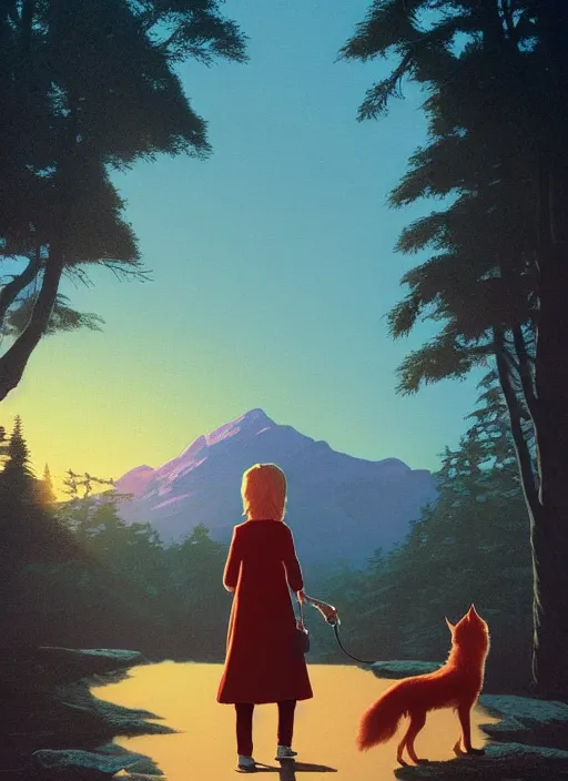 Prompt: Twin Peaks poster artwork by Michael Whelan and Tomer Hanuka, Rendering of a young girl walking to school with her pet fox, full of details, early morning light, sunrise, golden hour, by Makoto Shinkai and thomas kinkade, Matte painting, trending on artstation and unreal engine