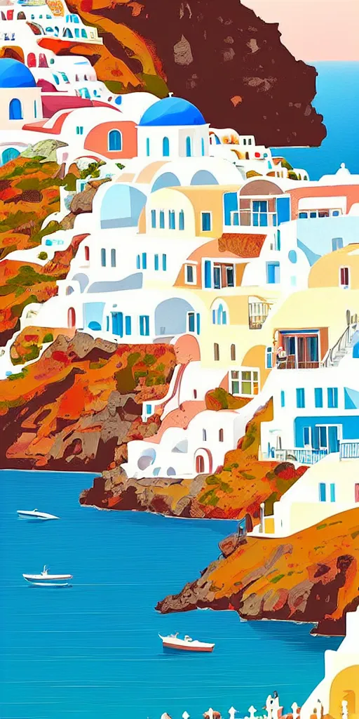 Image similar to a travel poster illustration depicting a house in santorini with an ocean view, vintage style, white architecture, digital painting, vector art, trending on artstration, by anton fadeev, by alena aenami