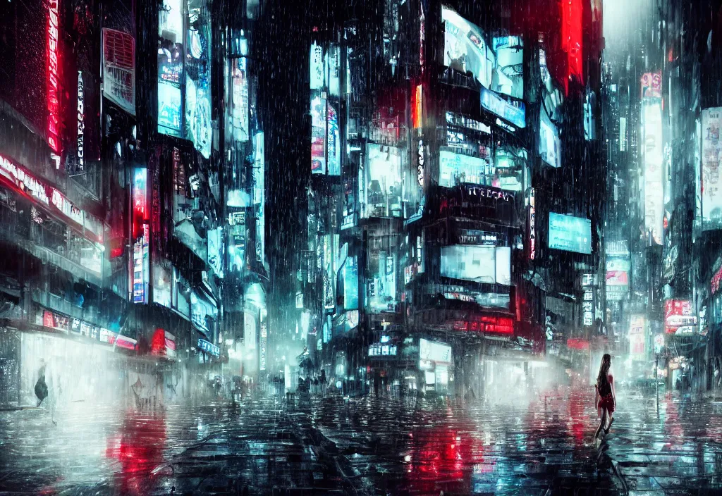 Prompt: hyperdetailed cinematic photo looking from behind at a low angle under the dim lights of screens with advertising at a sexy girl wearing a see through white tank top and red mini skirt getting soaked in the rain using a wall mounted screen interface blade runner aesthetic