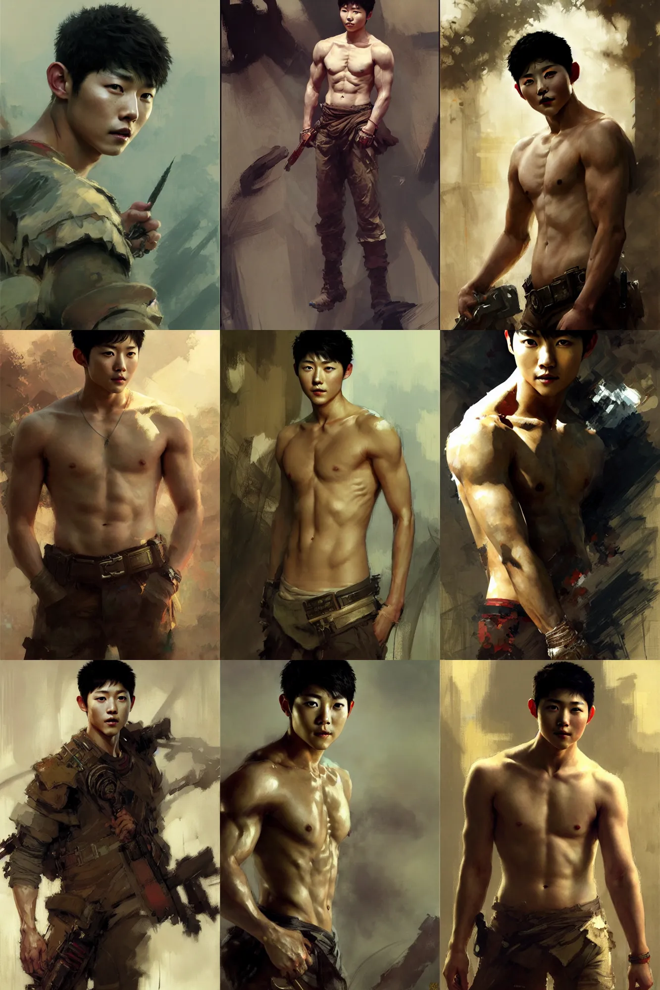Prompt: song joong - ki portrait, young handsome asian male dnd, muscle, painting by gaston bussiere, craig mullins, greg rutkowski, yoji shinkawa