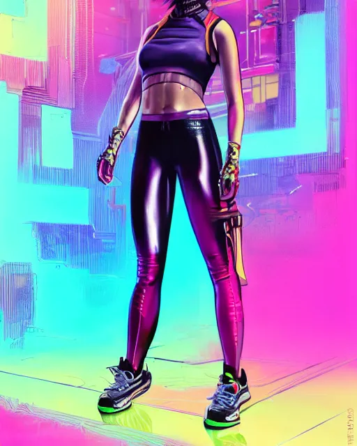 Prompt: a full body illustration of an Asian female cyberpunk character wearing tight neon leather pants and tennis shoes, highly detailed, oil on canvas, soft lighting, neon pastel colors, by Glenn Fabry, HD, 4K