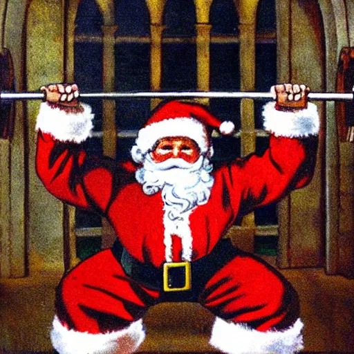 Image similar to santa lifting weights, squats, gothic triptych