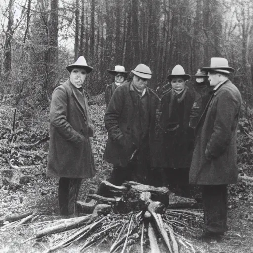 Prompt: a photo of in the dark in the forrest. 4 tall men with long pointed hats stand surrounding a small fire in a circular hole. a frightened boy is watching from the shadows.