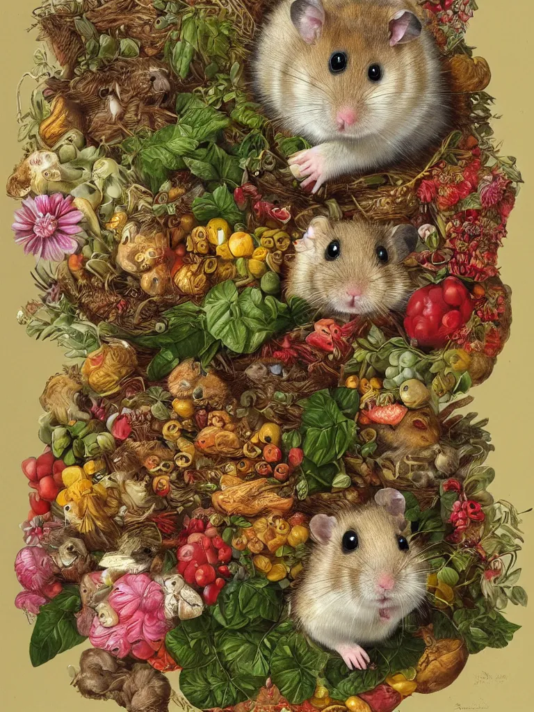 Prompt: Highly detailed cute hamster in the style of Guiseppe Arcimboldo, sharp, masterpiece, artstation