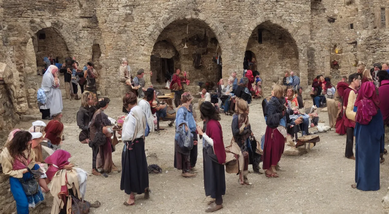 Image similar to people sharing jewels with each other in the middle of a medieval village