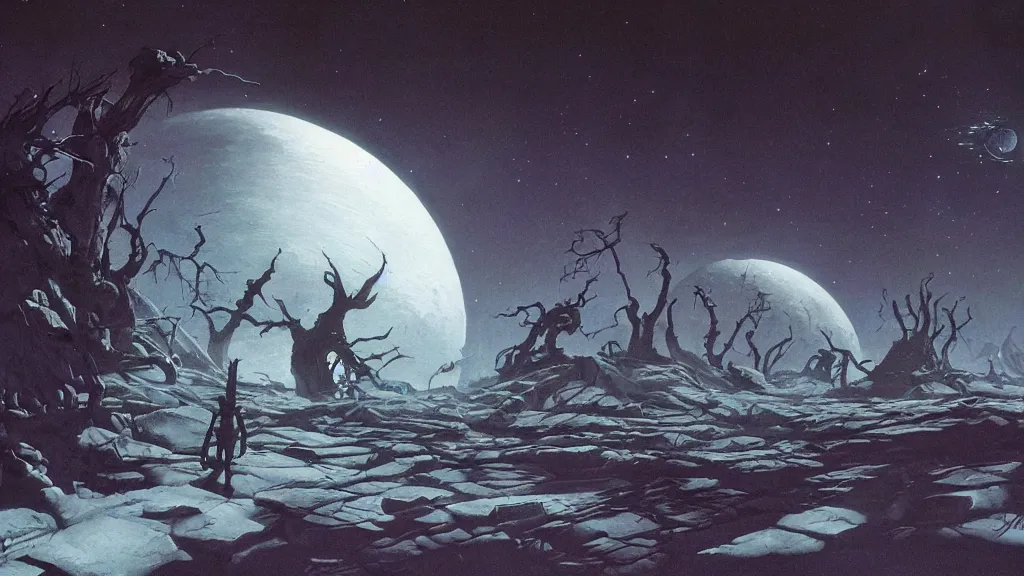 Image similar to eerie atmospheric alien worlds by michael whelan and bernie wrightson, epic cinematic matte painting