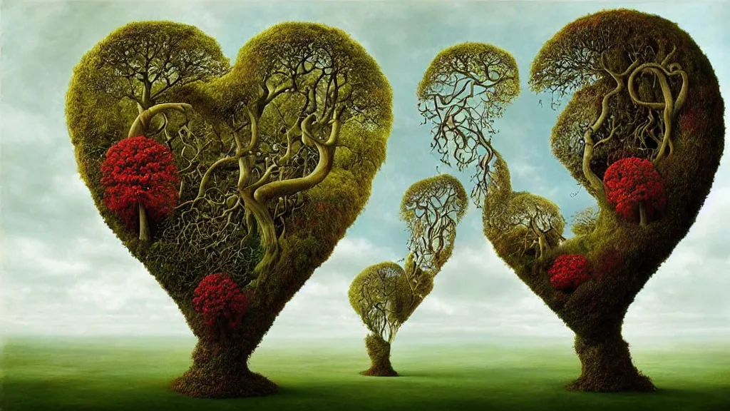 Image similar to surreal landscape, surrealism, trees, fibonacci, heart shape, esao andrews, victor enrich, dali