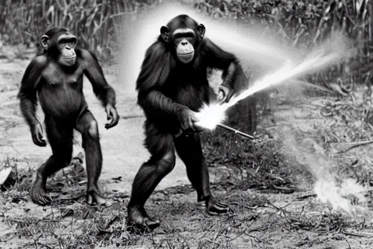 Image similar to chimp using a flame thrower in world war 2