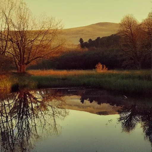 Image similar to Beautiful cameraphone, soft liminal Photograph of an estate road, early morning, small flat lake in the background