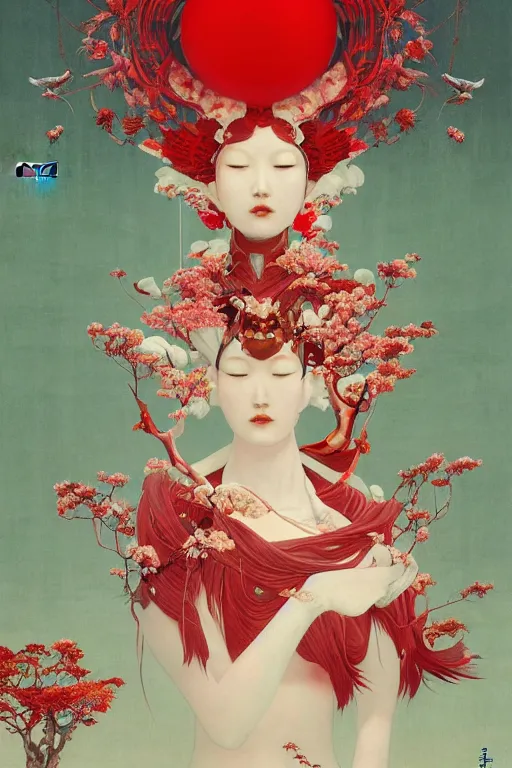 Prompt: breathtaking detailed red gardian mao baby in glace sphere no futur taiwan concept art painting art deco pattern of birds goddesses amalmation flowers, by hsiao ron cheng, tetsuya ichida, bizarre compositions, exquisite detail, extremely moody lighting, 8 k, art nouveau, old chines painting