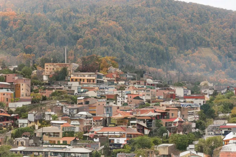 Image similar to warehouses lining a street, with an autumn mountain directly behind, radio tower on mountain, lens compressed, photography