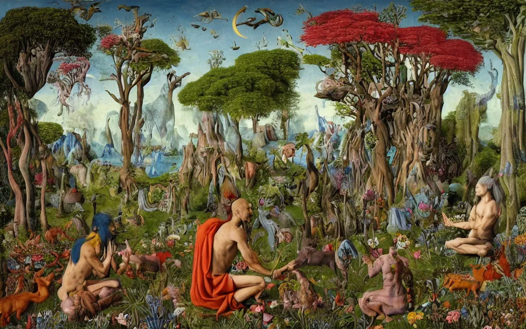 Prompt: photograph of a meditating centaur shaman and a striped werewolf feeding animals. surrounded by bulbous flowers, animals and a few trees. river delta with rock cliffs under a blue sky full of burning stars. painted by jan van eyck, max ernst, ernst haeckel, ernst fuchs and artgerm. trending on artstation, trending on cgsociety