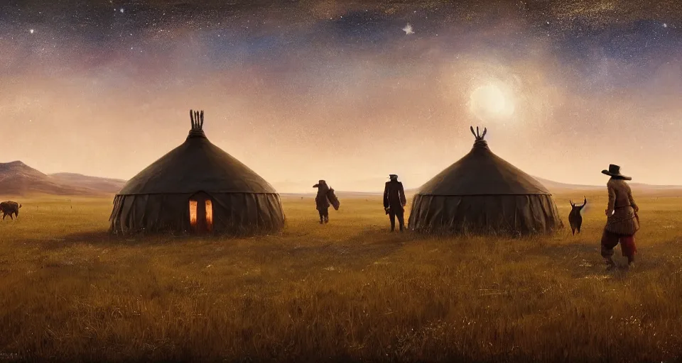 Image similar to deep night, stars shining, a yurt, a bull, in the steppe, summer field, from the game pathologic 2, highly detailed, sharp focus, matte painting, by isaac levitan and asher brown durand,