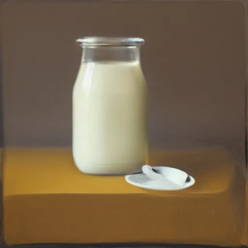 Prompt: a still life painting muted colors of a glass of milk on a brown table