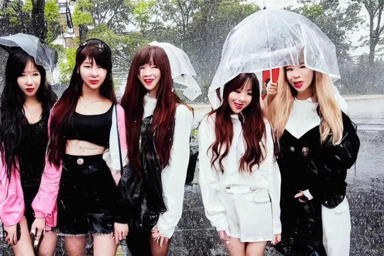 Image similar to a portrait of 4 (((((blackpink singers))))) posing in the rain