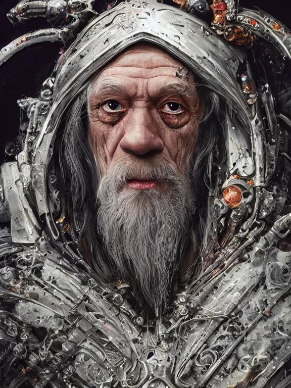 Image similar to portrait art of 8k ultra realistic undead Gandalf , intricate high tech helmet , detailed intricate ornate space suit,decaying, cybernetic, full of colour, cinematic lighting, battered, trending on artstation, 4k, hyperrealistic, focused, extreme details,unreal engine 5, cinematic, masterpiece, art by ayami kojima, giger