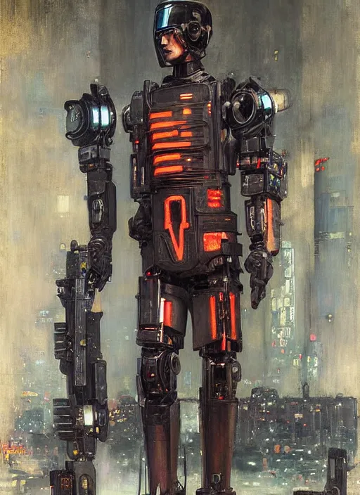 Image similar to Menacing Cyberpunk policeman towering with robotic stilt legs and militarized gear. (dystopian, police state, Cyberpunk 2077, bladerunner 2049). Iranian orientalist portrait by john william waterhouse and Edwin Longsden Long and Theodore Ralli and Nasreddine Dinet, oil on canvas. Cinematic, vivid colors, hyper realism, realistic proportions, dramatic lighting, high detail 4k