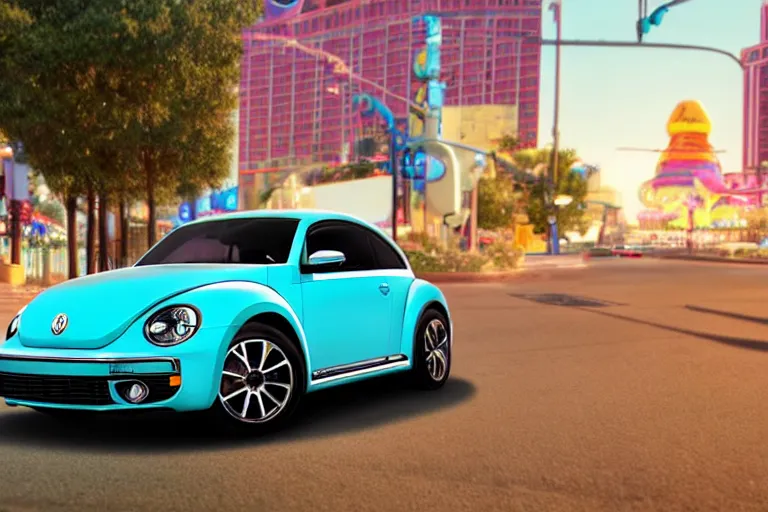 Image similar to a wholesome animation key shot of!! one!! focused!! vw beetle superbug!! in shiny reflective stainless steel, in a las vegas street, medium shot, studio ghibli, ( pixar ) and disney animation, sharp, very detailed, high resolution, rendered in unreal engine 5, anime key art by greg rutkowski, bloom, dramatic lighting