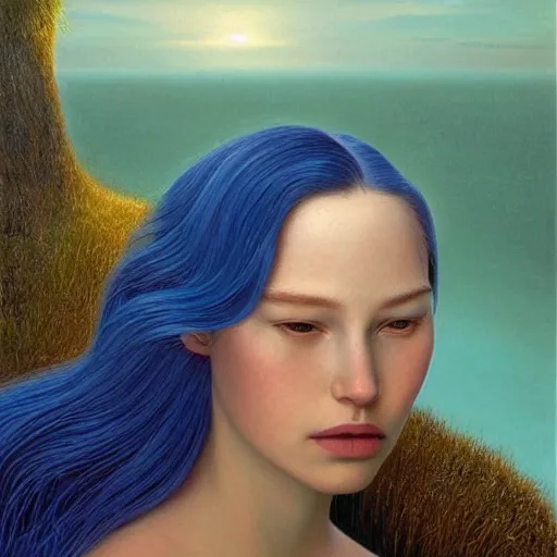 Image similar to A beautiful portrait of a woman with iridescent skin by James C. Christensen, scenic environment and blue hair