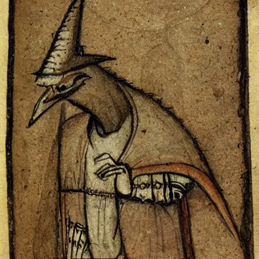 Image similar to medieval sketch of an exhausted anthropomorphic bird