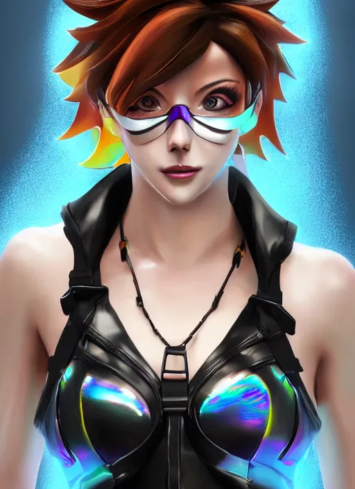 Image similar to portrait bust digital artwork of tracer overwatch, wearing black iridescent rainbow latex tank top, 4 k, expressive happy smug expression, makeup, in style of mark arian, angel wings, wearing detailed black leather collar, chains, black leather harness, detailed face and eyes,