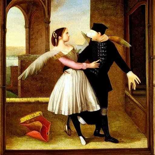 Image similar to goose romeo and juliet. geese, honk, stageplay beautiful painting renaissance.