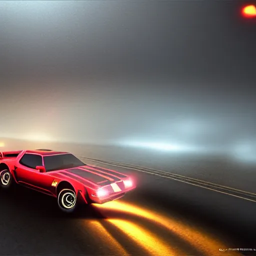 Image similar to hyperdetailed, photorealistic photograph of a 1 9 8 2 pontiac firebird trans - am driving in the desert, rain, night, dense fog, hd, unreal engine 5 by greg rutowski, by stanley artgerm, by alphonse mucha