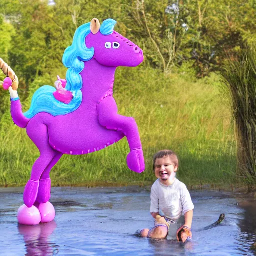 Prompt: a unicorn riding and alligator