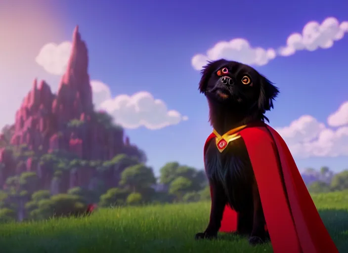 Image similar to a wholesome animation key shot of a black tibetan spaniel, wearing a red cape, flying, studio ghibli, pixar and disney animation, sharp, rendered in unreal engine 5, anime key art by greg rutkowski, bloom, dramatic lighting