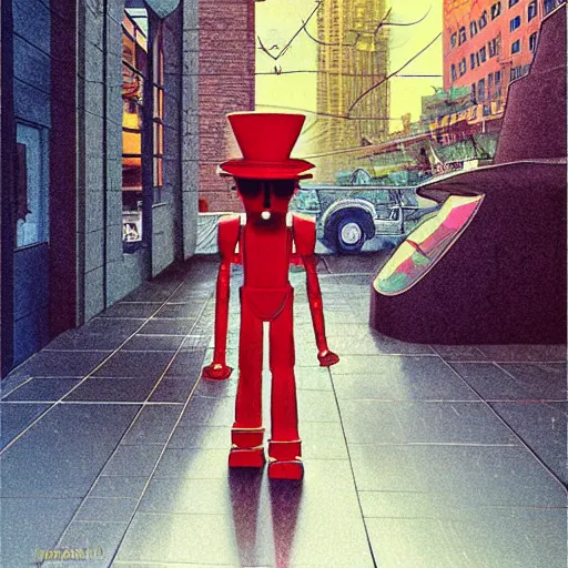 Prompt: a lone robot walking in a city, he has a computer screen for a face, on his head he is wearing a bucket hat made of a flamingo print cloth, by John Harri and Michael Whelan and John Berkey and Robert McCall and Chris Foss and Chris Moore and Vincent Di Fate and Rafał Olbiński and Jim Burns