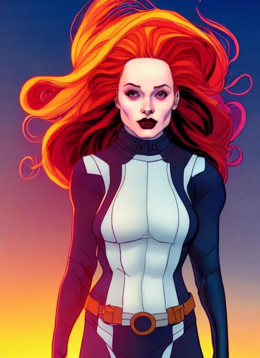 Prompt: Rafeal Albuquerque comic art, Joshua Middleton comic art, cinematics lighting, sunset colors, pretty female Madelaine Petsch Rogue x-men marvel, big smirk, symmetrical face, symmetrical eyes, long red hair and white hair, with white streak in hair, full body, flying in the air, sunset