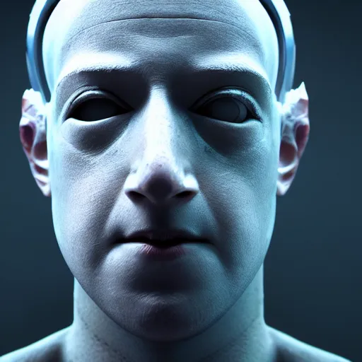 Prompt: Mark Zuckerberg as a creepy futuristic Robot from Black Mirror, hyperrealistic, highly detailed, depth of field, High definition, 8k, octane render, artstation