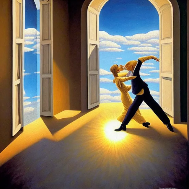 Prompt: an oil on canvas portrait of a couple dancing and the sun is shining through the window, surrealism, surrealist, lovecraftian, cosmic horror, rob gonsalves, high detail