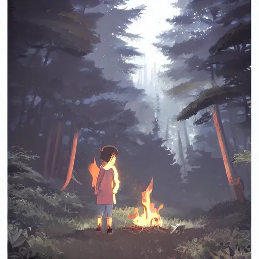 Image similar to a child with grey skin with blues and short brown hair, holding fire, forest background, highly detailed, digital painting, artstation, matte, by makoto shinkai, studio ghibli, animation style