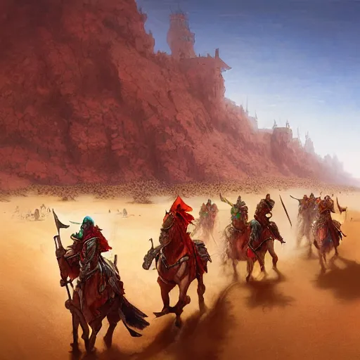 Prompt: crusaders charging across the desert sand by marc simonetti,