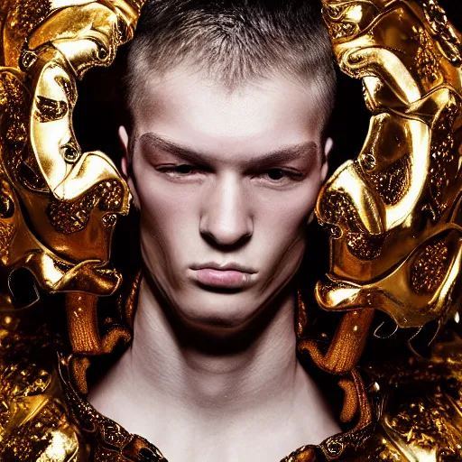 Image similar to a portrait of a beautiful young male wearing an alexander mcqueen armor made of latex , photographed by andrew thomas huang, artistic