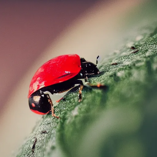 Image similar to professional photography of a Lady bug on a strawberry, bokeh, 8k