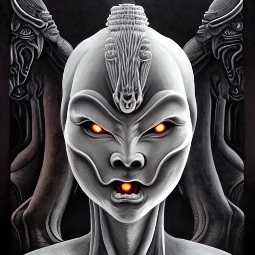 Image similar to naraka buddhist demon korean female, nazgul, happy female alien, tubular creature, blood vessels, no face, dystopian surrealism, alex ries zdzisław beksinski, symmetrical long head, smooth marble surfaces, smooth marble surfaces, detailed ink illustration, detailed ink illustration, raiden metal gear, cinematic smooth stone, deep aesthetic, concept art, intricate