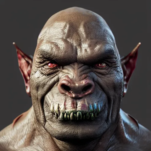 Image similar to An vicious orc portrait, highly detailed, photorealism, zbrush sculpt, substance painter, texturing XYZ, Subsurface scattering, cinematic lighting, Unreal engine 5, octane render, cinema4d, vray, redshift, keyshot, Arnold render