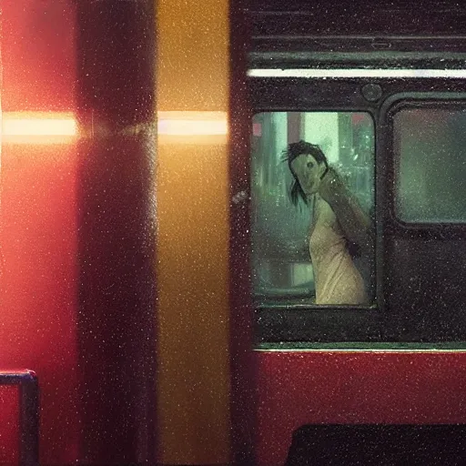 Image similar to detailed portrait of a woman, moment, cyberpunk elevated train, electronic billboards, tech noir, wet reflections, atmospheric, ambient, livia prima, greg rutkowski, edward hopper, pj crook