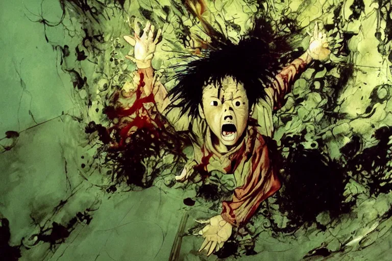 Prompt: scene from the movie, tetsuo unleashes a psychic pressure wave inside a green walled hospital hallway, Katsuhiro Otomo, Phil hale, Ashley wood, Ilya repin, frank frazetta, 8k, hd, high resolution print